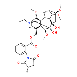 ChemSpider 2D Image | [(1alpha,5alpha,6beta,9alpha,14alpha,16beta)-20-Ethyl-7,8-dihydroxy-1,6,14,16-tetramethoxyaconitan-4-yl]methyl 2-[(3S)-3-methyl-2,5-dioxo-1-pyrrolidinyl]benzoate | C37H50N2O10