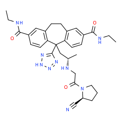 ChemSpider 2D Image | 5-[(2S)-2-({2-[(2S)-2-Cyano-1-pyrrolidinyl]-2-oxoethyl}amino)propyl]-N,N'-diethyl-5-(2H-tetrazol-5-yl)-10,11-dihydro-5H-dibenzo[a,d][7]annulene-2,8-dicarboxamide | C32H39N9O3