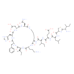 ChemSpider 2D Image | N-{[2-(1-Amino-2-methylbutyl)-4,5-dihydro-1,3-thiazol-4-yl]carbonyl}-L-leucyl-D-alpha-glutamyl-N-[(3S,6R,9S,12R,15S,21R)-3-(2-amino-2-oxoethyl)-18-(3-aminopropyl)-12-benzyl-15-[(2S)-2-butanyl]-6-(carb
oxymethyl)-9-(1H-imidazol-5-ylmethyl)-2,5,8,11,14,17,20-heptaoxo-1,4,7,10,13,16,19-heptaazacyclopentacosan-21-yl]-L-isoleucinamide | C66H103N17O16S