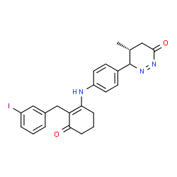 ChemSpider 2D Image | (5R)-6-(4-{[2-(3-Iodobenzyl)-3-oxo-1-cyclohexen-1-yl]amino}phenyl)-5-methyl-5,6-dihydro-3(4H)-pyridazinone | C24H24IN3O2