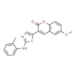 ChemSpider 2D Image | 6-Methoxy-3-{2-[(2-methylphenyl)amino]-1,3-thiazol-5-yl}-2H-chromen-2-one | C20H16N2O3S