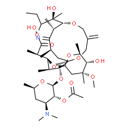 ChemSpider 2D Image | (2S,3R,4S,6R)-4-(Dimethylamino)-2-{[(1R,2R,6R,7S,8S,9R,10R,16S,17Z,18R)-3-ethyl-2-hydroxy-17-(hydroxyimino)-7-{[(2S,4R,5S,6S)-5-hydroxy-4-methoxy-4,6-dimethyltetrahydro-2H-pyran-2-yl]oxy}-2,6,8,10,16,
18-hexamethyl-13-methylene-5-oxo-4,11,15-trioxabicyclo[8.5.4]nonadec-9-yl]oxy}-6-methyltetrahydro-2H-pyran-3-yl acetate | C43H74N2O14