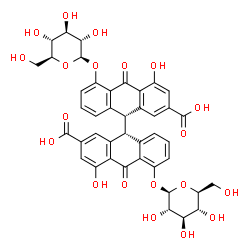 ChemSpider 2D Image | (9R,9'R)-5,5'-Bis(beta-L-glucopyranosyloxy)-4,4'-dihydroxy-10,10'-dioxo-9,9',10,10'-tetrahydro-9,9'-bianthracene-2,2'-dicarboxylic acid | C42H38O20