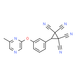 ChemSpider 2D Image | 3-{3-[(6-Methyl-2-pyrazinyl)oxy]phenyl}-1,1,2,2-cyclopropanetetracarbonitrile | C18H10N6O