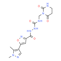 ChemSpider 2D Image | 2-{[5-(1,5-Dimethyl-1H-pyrazol-4-yl)-1,2-oxazol-3-yl]carbonyl}-N-[(2,6-dioxotetrahydro-1(2H)-pyrimidinyl)methyl]hydrazinecarboxamide | C15H18N8O5
