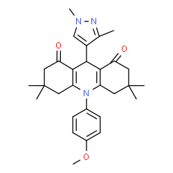 ChemSpider 2D Image | 9-(1,3-Dimethyl-1H-pyrazol-4-yl)-10-(4-methoxyphenyl)-3,3,6,6-tetramethyl-3,4,6,7,9,10-hexahydro-1,8(2H,5H)-acridinedione | C29H35N3O3
