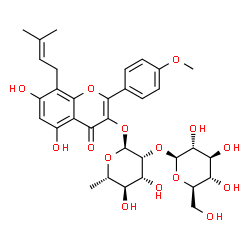 ChemSpider 2D Image | 5,7-Dihydroxy-2-(4-methoxyphenyl)-8-(3-methyl-2-buten-1-yl)-4-oxo-4H-chromen-3-yl 6-deoxy-2-O-beta-D-glucopyranosyl-alpha-L-mannopyranoside | C33H40O15