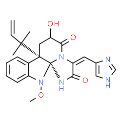 ChemSpider 2D Image | (3E,7aS,12aR)-6-Hydroxy-3-(1H-imidazol-4-ylmethylene)-12-methoxy-7a-(2-methyl-3-buten-2-yl)-6,7,7a,12-tetrahydro-1H,5H-imidazo[1',2':1,2]pyrido[2,3-b]indole-2,5(3H)-dione | C23H25N5O4