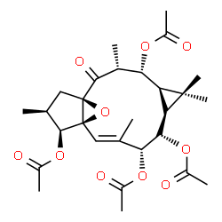 ChemSpider 2D Image | (1R,3R,4R,5R,7S,8S,9R,10E,12S,13S,14S)-3,6,6,10,14-Pentamethyl-2-oxo-16-oxatetracyclo[10.3.1.0~1,12~.0~5,7~]hexadec-10-ene-4,8,9,13-tetrayl tetraacetate | C28H38O10