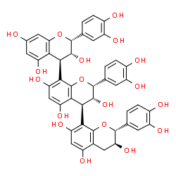 ChemSpider 2D Image | (2R,2'R,2''R,3R,3'R,3''S,4R,4'S)-2,2',2''-Tris(3,4-dihydroxyphenyl)-3,3',3'',4,4',4''-hexahydro-2H,2'H,2''H-4,8':4',8''-terchromene-3,3',3'',5,5',5'',7,7',7''-nonol | C45H38O18