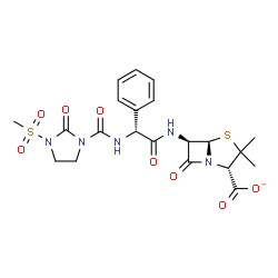 ChemSpider 2D Image | (2S,5R,6R)-3,3-Dimethyl-6-{[(2R)-2-({[3-(methylsulfonyl)-2-oxo-1-imidazolidinyl]carbonyl}amino)-2-phenylacetyl]amino}-7-oxo-4-thia-1-azabicyclo[3.2.0]heptane-2-carboxylate | C21H24N5O8S2