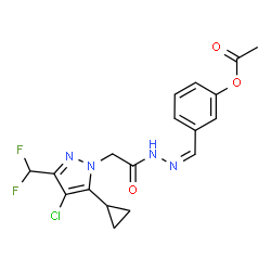ChemSpider 2D Image | 3-[(Z)-({[4-Chloro-5-cyclopropyl-3-(difluoromethyl)-1H-pyrazol-1-yl]acetyl}hydrazono)methyl]phenyl acetate | C18H17ClF2N4O3