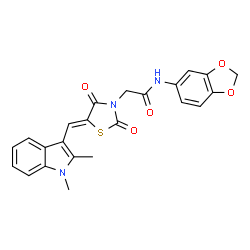 ChemSpider 2D Image | N-(1,3-Benzodioxol-5-yl)-2-{(5Z)-5-[(1,2-dimethyl-1H-indol-3-yl)methylene]-2,4-dioxo-1,3-thiazolidin-3-yl}acetamide | C23H19N3O5S