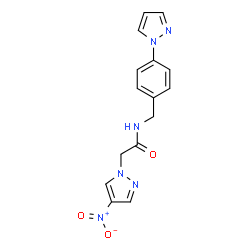 ChemSpider 2D Image | 2-(4-Nitro-1H-pyrazol-1-yl)-N-[4-(1H-pyrazol-1-yl)benzyl]acetamide | C15H14N6O3