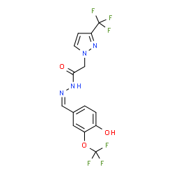ChemSpider 2D Image | N'-{(Z)-[4-Hydroxy-3-(trifluoromethoxy)phenyl]methylene}-2-[3-(trifluoromethyl)-1H-pyrazol-1-yl]acetohydrazide | C14H10F6N4O3