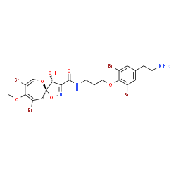 ChemSpider 2D Image | (4R,5R)-N-{3-[4-(2-Aminoethyl)-2,6-dibromophenoxy]propyl}-8,10-dibromo-4-hydroxy-9-methoxy-1,6-dioxa-2-azaspiro[4.6]undeca-2,7,9-triene-3-carboxamide | C21H23Br4N3O6