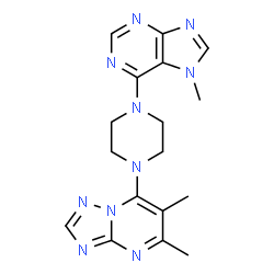 ChemSpider 2D Image | 5,6-Dimethyl-7-[4-(7-methyl-7H-purin-6-yl)-1-piperazinyl][1,2,4]triazolo[1,5-a]pyrimidine | C17H20N10