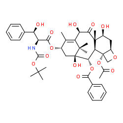 ChemSpider 2D Image | (2alpha,5beta,7beta,10beta,13alpha)-4-Acetoxy-2-(benzoyloxy)-1,7,10-trihydroxy-9-oxo-5,20-epoxytax-11-en-13-yl (betaR)-N-(tert-butoxycarbonyl)-beta-hydroxy-L-phenylalaninate | C43H53NO14