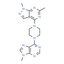 ChemSpider 2D Image | 1,6-Dimethyl-4-[4-(9-methyl-9H-purin-6-yl)-1-piperazinyl]-1H-pyrazolo[3,4-d]pyrimidine | C17H20N10