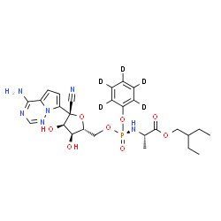 ChemSpider 2D Image | 2-Ethylbutyl (2S)-2-({(S)-{[(2R,3S,4R,5R)-5-(4-aminopyrrolo[2,1-f][1,2,4]triazin-7-yl)-5-cyano-3,4-dihydroxytetrahydro-2-furanyl]methoxy}[(~2~H_5_)phenyloxy]phosphoryl}amino)propanoate (non-preferred 
name) | C27H30D5N6O8P