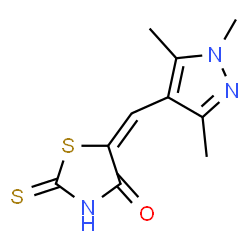 ChemSpider 2D Image | (5E)-2-Thioxo-5-[(1,3,5-trimethyl-1H-pyrazol-4-yl)methylene]-1,3-thiazolidin-4-one | C10H11N3OS2