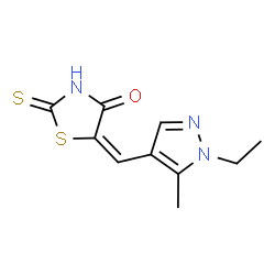 ChemSpider 2D Image | (5E)-5-[(1-Ethyl-5-methyl-1H-pyrazol-4-yl)methylene]-2-thioxo-1,3-thiazolidin-4-one | C10H11N3OS2