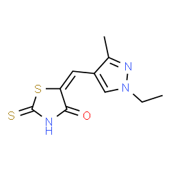 ChemSpider 2D Image | (5E)-5-[(1-Ethyl-3-methyl-1H-pyrazol-4-yl)methylene]-2-thioxo-1,3-thiazolidin-4-one | C10H11N3OS2