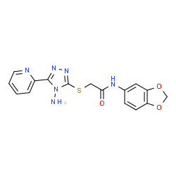 ChemSpider 2D Image | 2-{[4-Amino-5-(2-pyridinyl)-4H-1,2,4-triazol-3-yl]sulfanyl}-N-(1,3-benzodioxol-5-yl)acetamide | C16H14N6O3S