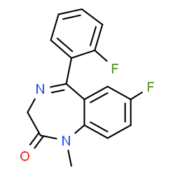 ChemSpider 2D Image | 7-Fluoro-5-(2-fluorophenyl)-1-methyl-1,3-dihydro-2H-1,4-benzodiazepin-2-one | C16H12F2N2O