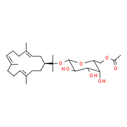 ChemSpider 2D Image | 2-[(1S,3E,7E,11E)-4,8,12-Trimethyl-3,7,11-cyclotetradecatrien-1-yl]-2-propanyl 6-O-acetylhexopyranoside | C28H46O7