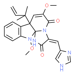 ChemSpider 2D Image | (3E)-3-(1H-Imidazol-4-ylmethylene)-6,12-dimethoxy-7a-(2-methyl-3-buten-2-yl)-7a,12-dihydro-1H,5H-imidazo[1',2':1,2]pyrido[2,3-b]indole-2,5(3H)-dione | C24H25N5O4