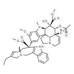 ChemSpider 2D Image | Methyl (2beta,3beta,4beta,5alpha,19alpha)-4-acetoxy-15-[(12S,14R)-16-ethyl-12-(methoxycarbonyl)-1,10-diazatetracyclo[12.3.1.0~3,11~.0~4,9~]octadeca-3(11),4,6,8,15-pentaen-12-yl]-3-hydroxy-16-methoxy-1
-methyl-6,7-didehydroaspidospermidine-3-carboxylate | C45H54N4O8