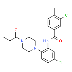 ChemSpider 2D Image | 3-Chloro-N-[5-chloro-2-(4-propionyl-1-piperazinyl)phenyl]-4-methylbenzamide | C21H23Cl2N3O2