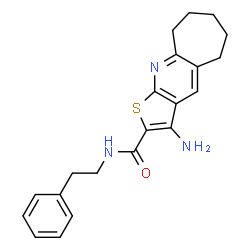 ChemSpider 2D Image | 3-Amino-N-(2-phenylethyl)-6,7,8,9-tetrahydro-5H-cyclohepta[b]thieno[3,2-e]pyridine-2-carboxamide | C21H23N3OS