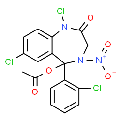 ChemSpider 2D Image | 1,7-Dichloro-5-(2-chlorophenyl)-4-nitro-2-oxo-2,3,4,5-tetrahydro-1H-1,4-benzodiazepin-5-yl acetate | C17H12Cl3N3O5