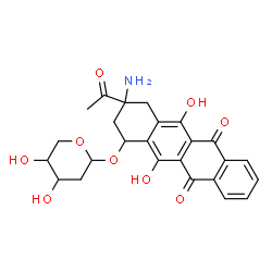 ChemSpider 2D Image | 3-Acetyl-3-amino-5,12-dihydroxy-6,11-dioxo-1,2,3,4,6,11-hexahydro-1-tetracenyl 2-deoxypentopyranoside | C25H25NO9