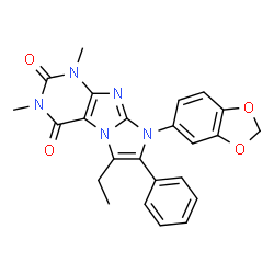ChemSpider 2D Image | 8-(1,3-Benzodioxol-5-yl)-6-ethyl-1,3-dimethyl-7-phenyl-1H-imidazo[2,1-f]purine-2,4(3H,8H)-dione | C24H21N5O4
