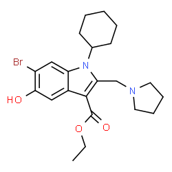 ChemSpider 2D Image | Ethyl 6-bromo-1-cyclohexyl-5-hydroxy-2-(1-pyrrolidinylmethyl)-1H-indole-3-carboxylate | C22H29BrN2O3
