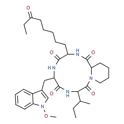ChemSpider 2D Image | 9-sec-Butyl-6-[(1-methoxy-1H-indol-3-yl)methyl]-3-(6-oxooctyl)octahydro-2H-pyrido[1,2-a][1,4,7,10]tetraazacyclododecine-1,4,7,10(3H,12H)-tetrone | C34H49N5O6