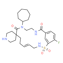 ChemSpider 2D Image | (11'E)-6'-Cycloheptyl-17'-fluoro-2'H,7'H-spiro[piperidine-4,8'-[15]thia[3,6,14]triazabicyclo[14.3.1]icosa[1(20),11,16,18]tetraene]-2',7'-dione 15',15'-dioxide | C27H39FN4O4S