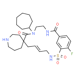 ChemSpider 2D Image | (5'E)-10'-Cycloheptyl-18'-fluoro-9'H,14'H-spiro[azepane-4,8'-[2]thia[3,10,13]triazabicyclo[13.3.1]nonadeca[1(19),5,15,17]tetraene]-9',14'-dione 2',2'-dioxide | C27H39FN4O4S