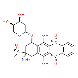 ChemSpider 2D Image | (1S,3S)-3-Amino-3-[(1-~13~C)ethanoyl]-5,12-dihydroxy-6,11-dioxo(6,11-~13~C_2_)-1,2,3,4,6,11-hexahydro-1-tetracenyl 2-deoxy-beta-D-erythro-pentopyranoside | C2213C3H25NO9
