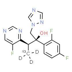 ChemSpider 2D Image | (2R,3S)-2-(2,4-Difluorophenyl)-3-(5-fluoro-4-pyrimidinyl)-1-(1H-1,2,4-triazol-1-yl)-2-(4-~13~C,4,4,4-~2~H_3_)butanol | C1513CH11D3F3N5O