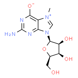 ChemSpider 2D Image | 2-Amino-9-(beta-D-lyxofuranosyl)-7-methyl-9H-purin-7-ium-6-olate | C11H15N5O5