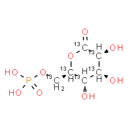ChemSpider 2D Image | [(2R,3S,4S,5R)-3,4,5-Trihydroxy-6-oxo(~13~C_5_)tetrahydro-2H-pyran-2-yl](~13~C)methyl dihydrogen phosphate (non-preferred name) | 13C6H11O9P