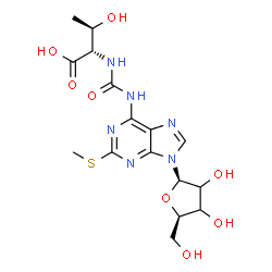 ChemSpider 2D Image | N-{[2-(Methylsulfanyl)-9-(beta-D-glycero-pentofuranosyl)-9H-purin-6-yl]carbamoyl}-L-threonine | C16H22N6O8S