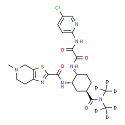 ChemSpider 2D Image | N-[(1R,2S,4R)-4-{Bis[(~2~H_3_)methyl]carbamoyl}-2-{[(5-methyl-4,5,6,7-tetrahydro[1,3]thiazolo[5,4-c]pyridin-2-yl)carbonyl]amino}cyclohexyl]-N'-(5-chloro-2-pyridinyl)ethanediamide | C24H24D6ClN7O4S