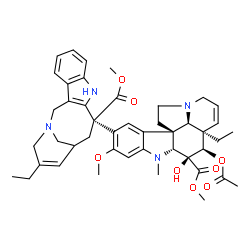 ChemSpider 2D Image | Methyl (2beta,3beta,4beta,5alpha,12beta,19alpha)-4-acetoxy-15-[(12R)-16-ethyl-12-(methoxycarbonyl)-1,10-diazatetracyclo[12.3.1.0~3,11~.0~4,9~]octadeca-3(11),4,6,8,15-pentaen-12-yl]-3-hydroxy-16-methox
y-1-methyl-6,7-didehydroaspidospermidine-3-carboxylate | C45H54N4O8