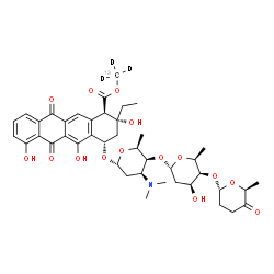 ChemSpider 2D Image | (~13~C,~2~H_3_)Methyl (1R,2R,4S)-2-ethyl-2,5,7-trihydroxy-6,11-dioxo-4-{[2,3,6-trideoxy-4-O-{2,6-dideoxy-4-O-[(2R,6S)-6-methyl-5-oxotetrahydro-2H-pyran-2-yl]-alpha-L-lyxo-hexopyranosyl}-3-(dimethylami
no)-alpha-L-lyxo-hexopyranosyl]oxy}-1,2,3,4,6,11-hexahydro-1-tetracenecarboxylate | C4113CH50D3NO15
