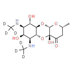 ChemSpider 2D Image | (2R,4aR,5aR,6S,7S,8R,9S,9aR,10aS)-4a,7,9-Trihydroxy-2-methyl-6,8-bis[(~2~H_3_)methylamino]decahydro-4H-pyrano[2,3-b][1,4]benzodioxin-4-one | C14H18D6N2O7